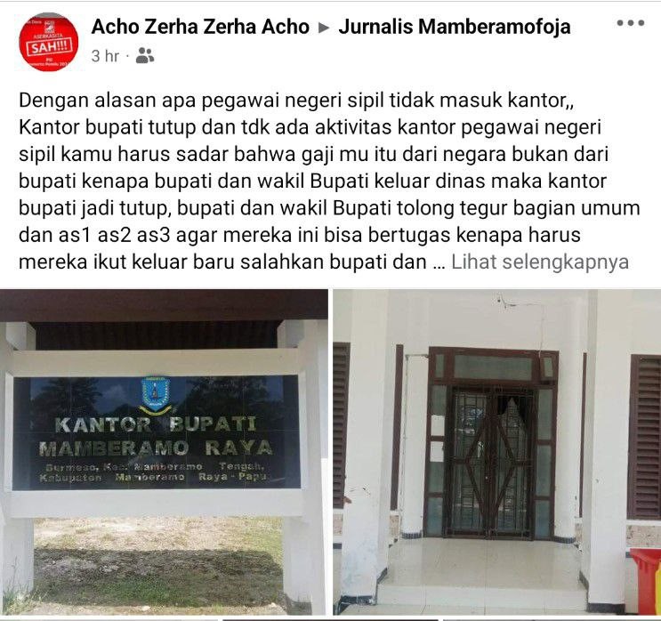 Screenshot fb, kritikan warga terkait aktifitas kantor bupati Mambra
