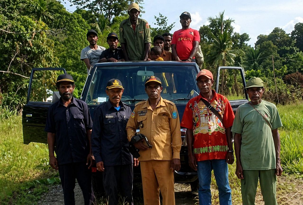 Tampak Kepala Kampung Bariwaro Frans Esau Beru didampingi Kepala Bamuskam Uret Morin dan sejumlah staf kampung lainnya ketika berkunjung ke Kampung Pemekaran Budate