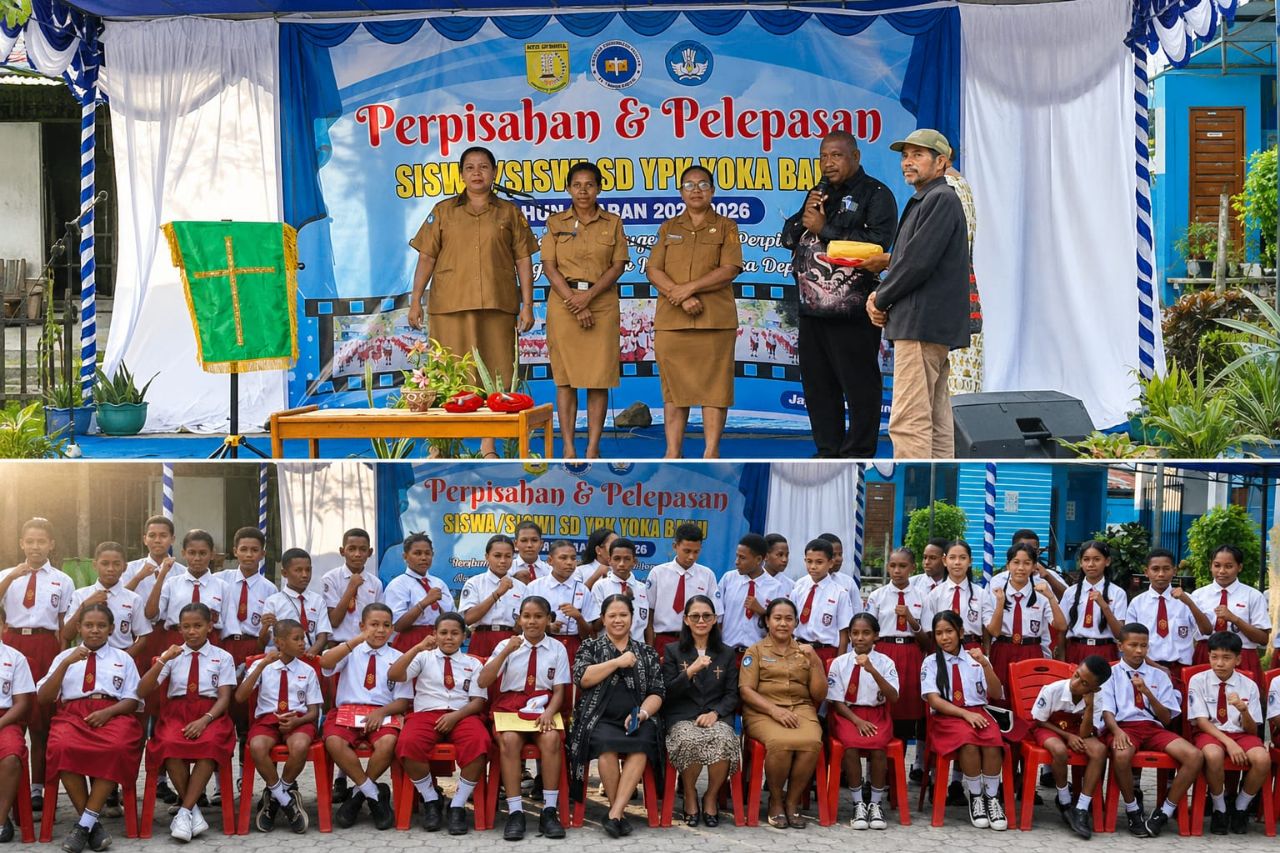 Tampak Kepala Sekolah SD YPK Yoka Baru, Herni Rumayomi, S.Pd., bersama Orang tua siswa Zet Awak dan guru serta siswa